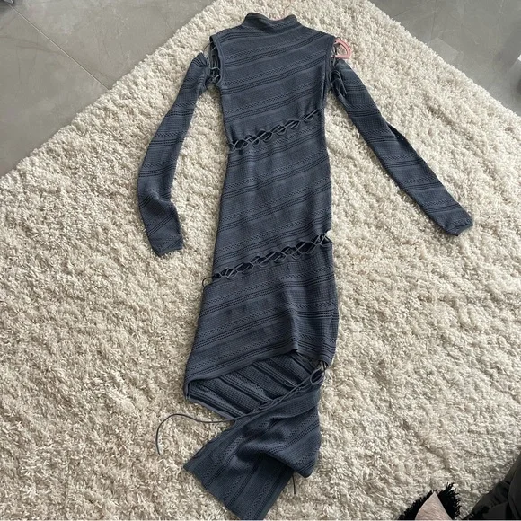 Dion Lee Slate Blue Long Sleeve Crochet Knit High Neck Lace-Up Dress - Picture 1 of 9